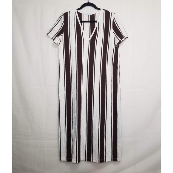 Zara Trafaluc textured knit midi shift dress brown ivory size L vertical stripes - Picture 1 of 7